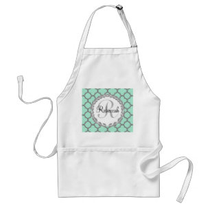 Delantal Mint Green Gray Quatrefoil Name Monogram