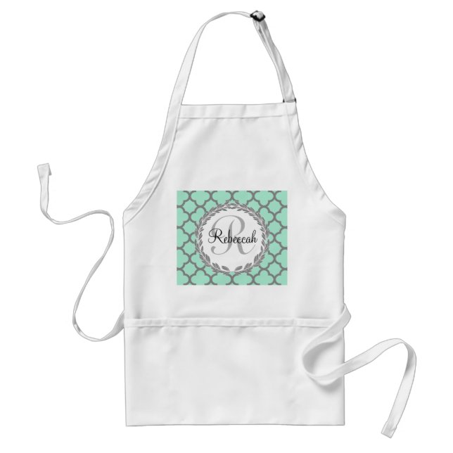 Delantal Mint Green Gray Quatrefoil Name Monogram (Frente)