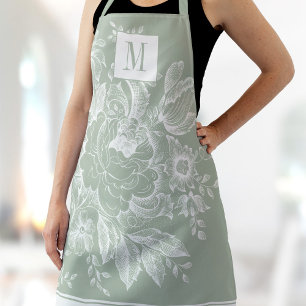 Delantal Moda Granja francesa Peony Monograma Verde claro