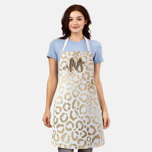Delantal Moda Monograma del Leopardo Blanco Oro Moderno (Gastado)