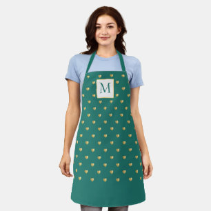 Delantal Moda Polka Punto Oro Corazones Monograma Turquesa