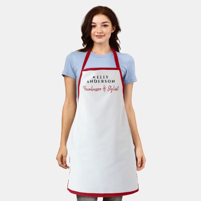 Delantal Modern Feminine White Red Border Hairdresser  (Gastado)