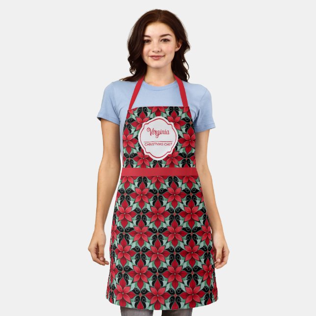 Delantal Modern Poinsettia pattern christmas chef black bg (Gastado)
