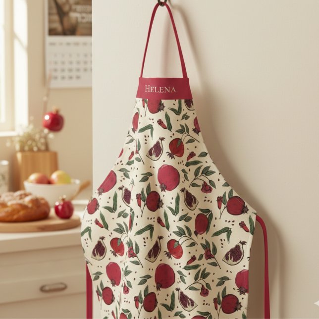 Delantal Modern Red Pomegranate Fruit Pattern (Modern Botanical Red Pomegranate Fruit Pattern Apron for Her. Elegant Pomegranates & Leaves Drawing)