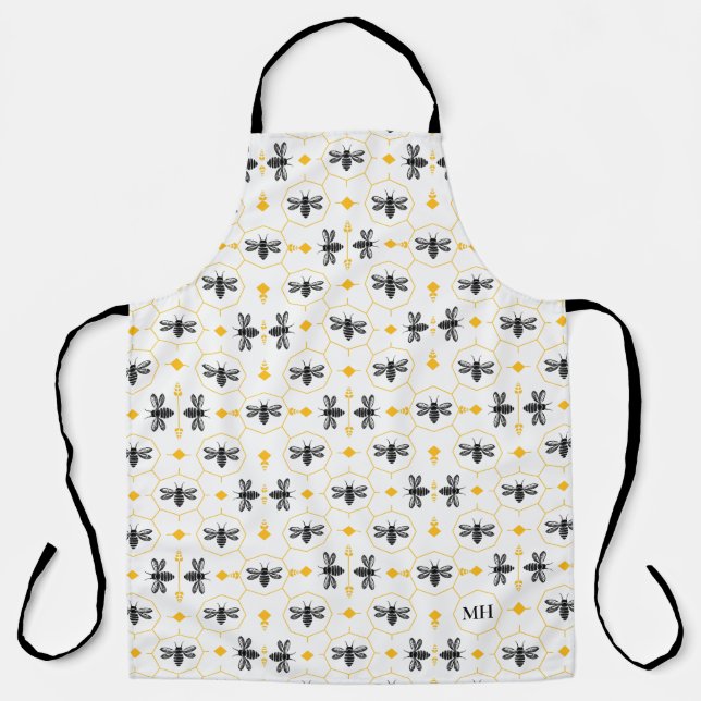 Delantal Modern Yellow Bee Pattern Elegant Black Monogram (Anverso)