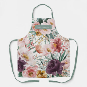 Delantal Moderna acuarela rosa floral + verde sabio elegant
