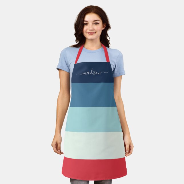 Delantal Moderno apron de nombre de guión rayado azul (Gastado)