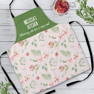 Delantal Moderno Encantador Patrón Floral Rosa Verde