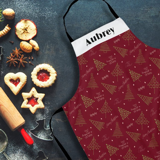 Delantal Moderno Personalizado Rojo Árbol de Navidad y Salu (Custom Name Red Christmas Apron)