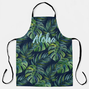 Delantal Moku Island Hawaiian Watercolor Monstera -Azul Mar