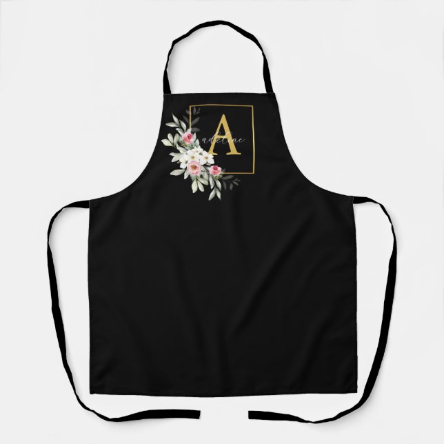 Delantal Monograma Apron Black and Gold Peony Floral (Anverso)