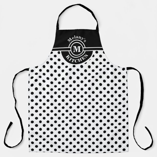 Delantal Monograma Apron con cocina de puntos de polka blan (Anverso)