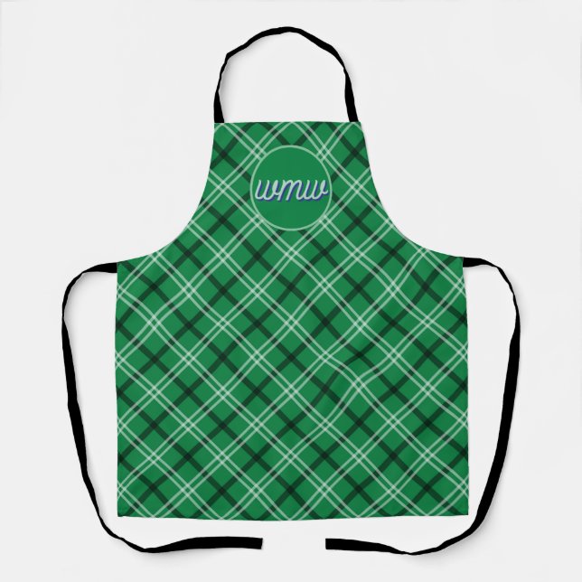 Delantal Monograma Apron con patrón de plástico verde azul (Anverso)