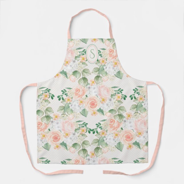 Delantal Monograma Apron Verde Rosa Floral (Anverso)