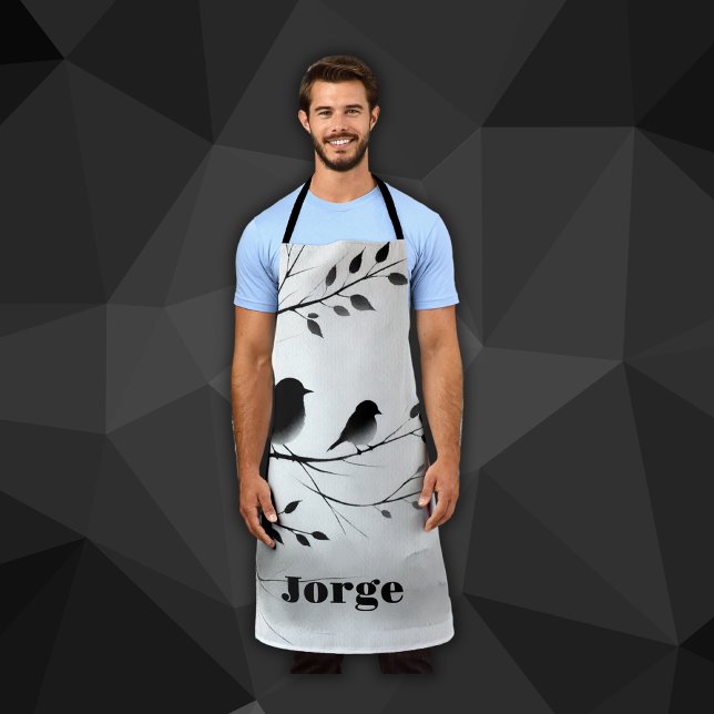 Delantal Monograma Aves simples blancas y negras en árboles (Subido por el creador)