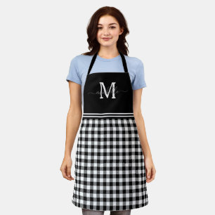 Delantal Monograma Blanco Negro Gingham Gray Name