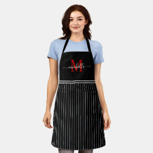 Delantal Monograma Blanco Negro Pinstripe Rojo Inicial