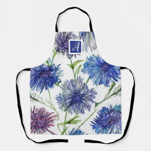 Delantal Monograma botánico Bonito flores moradas azules