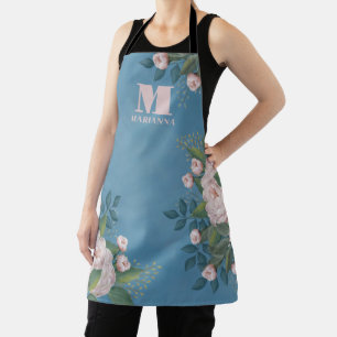 Delantal Monograma Botánico Floral Rosa Vintage Rosa Azul