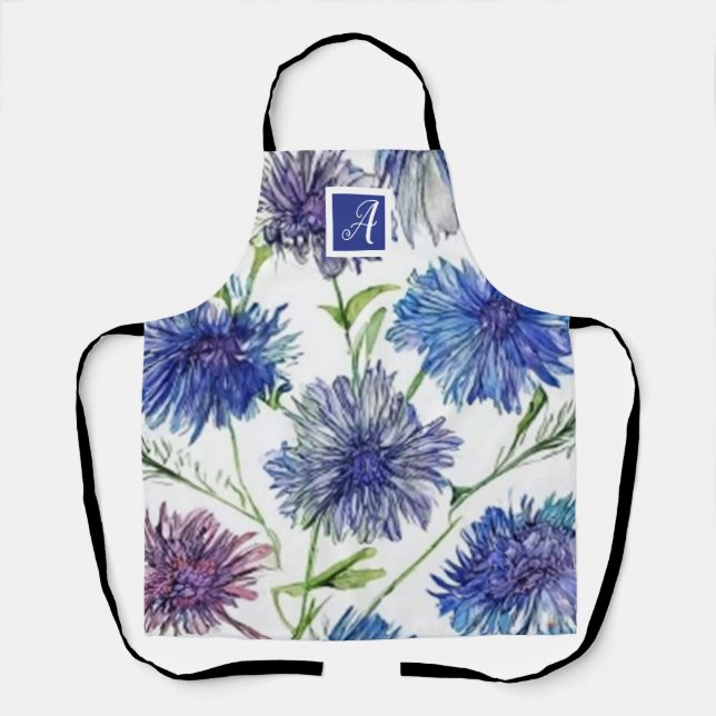 Delantal Monograma botánico flores de maíz bonitas moradas  (Anverso)