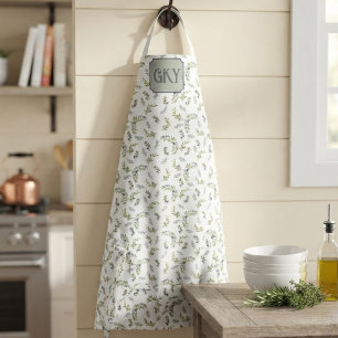 Delantal Monograma Chic de Aquarela Verde Salvia Patrón de