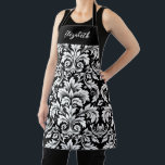Delantal Monograma Damasco blanco negro<br><div class="desc">Este delantal de hornear está decorado con un elegante diseño de damasco blanco y negro. Personalízalo con su monograma inicial. Diseñado para ti por Blackberry Boulevard.</div>