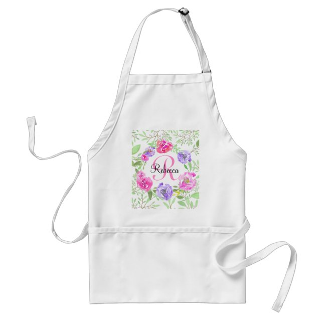 Delantal Monograma de acuarela floral de peones rosados (Frente)