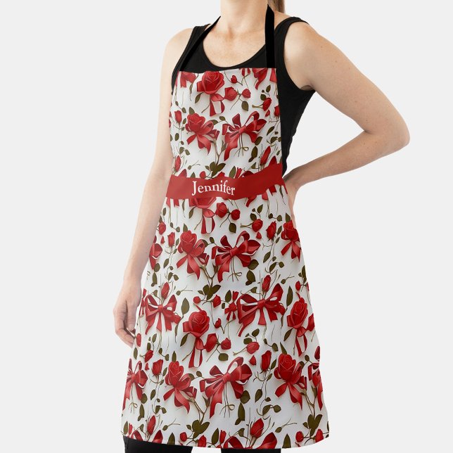 Delantal Monograma de arcos y rosas elegantes, rojos y rosa (Subido por el creador)