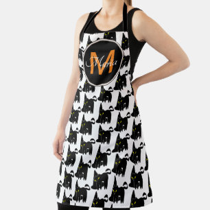 Delantal Monograma de bruja de Halloween y gato negro