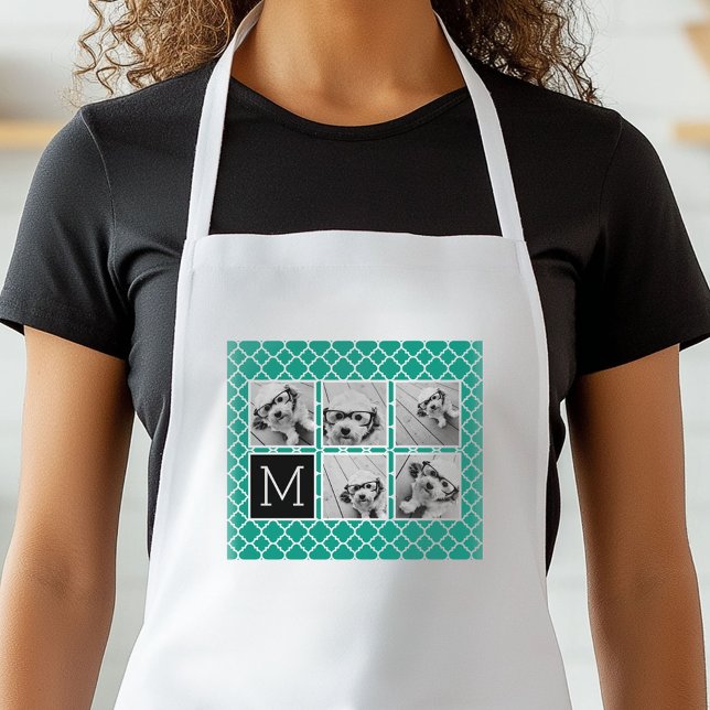 Delantal Monograma de Collage de fotos Esmeralda y Negro en (Personalized Kitchen Apron)