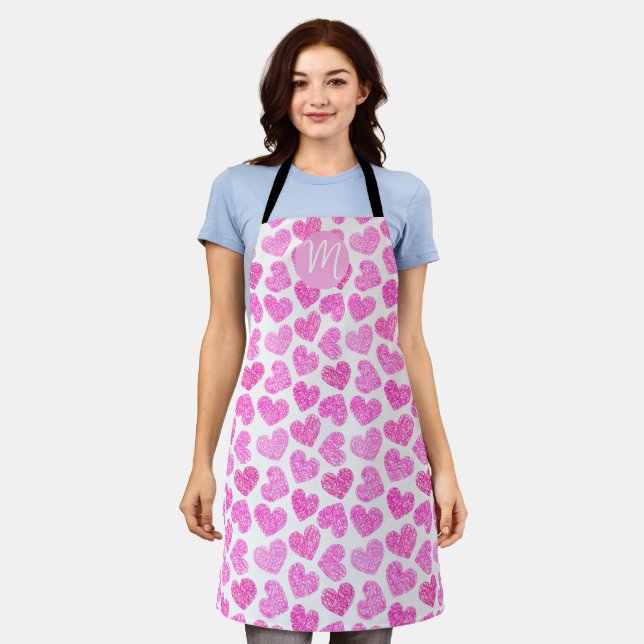 Delantal Monograma de El día de San Valentín cardíaco rosad (Gastado)