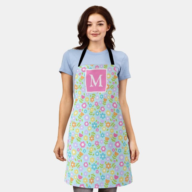 Delantal Monograma de flores multicolor de primavera (Gastado)