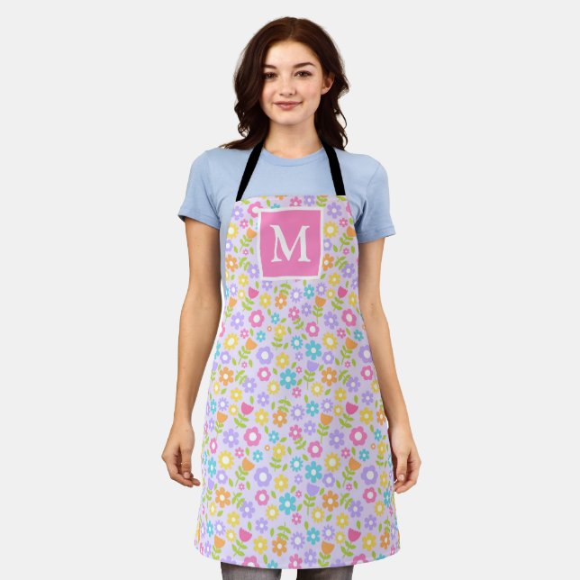 Delantal Monograma de flores multicolor de primavera (Gastado)