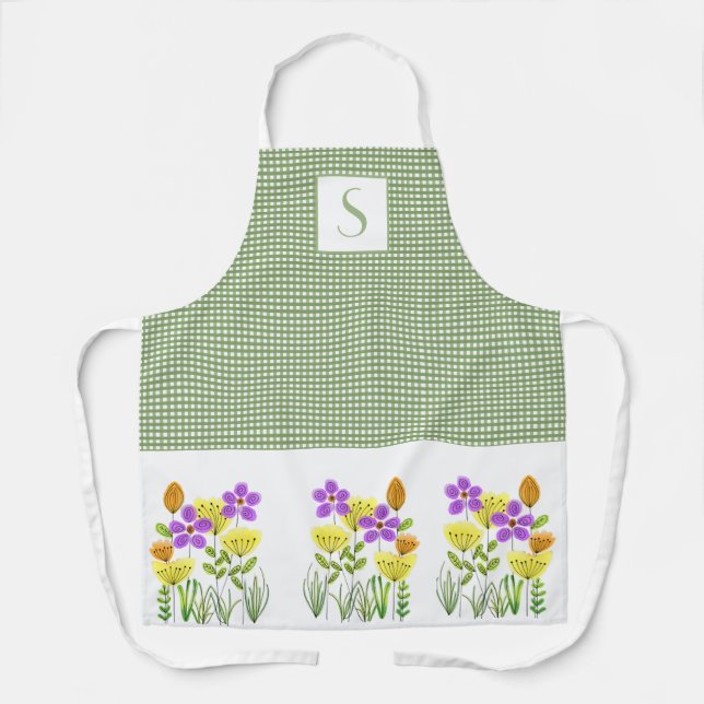Delantal Monograma de Gingham Verde Granero con Flores Silv (Anverso)