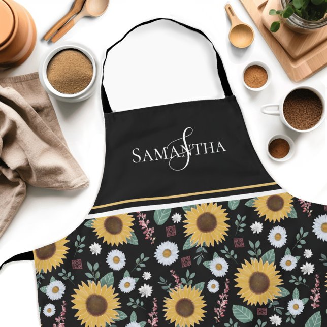 Delantal Monograma de girasol floral (Get creative in the kitchen with our personalized Country Sunflower Womens apron! )