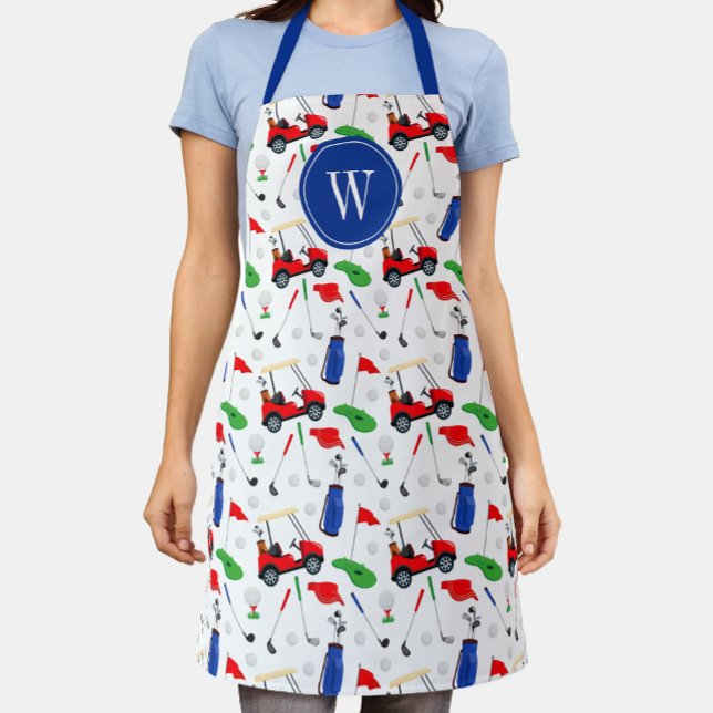 Delantal Monograma de golf azul y verde rojo (Subido por el creador)