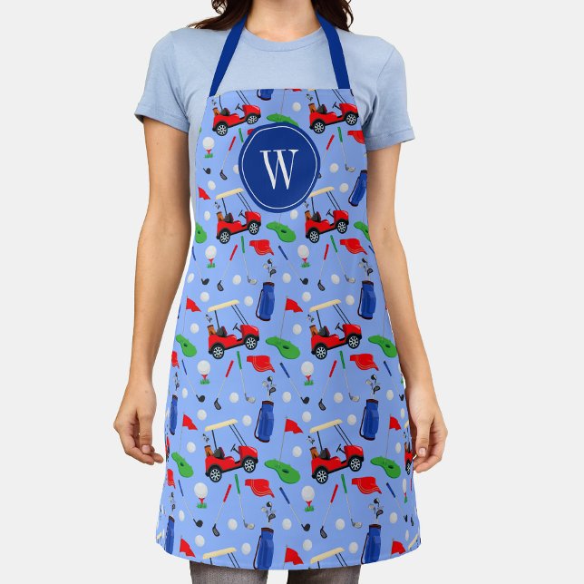 Delantal Monograma de golf azul y verde rojo (Subido por el creador)