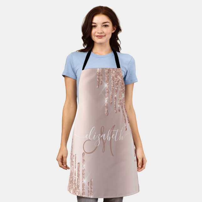 Delantal Monograma de gotas de brillo de oro rosa elegante (Gastado)