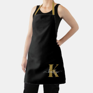 Delantal Monograma de guión de oro negro elegante