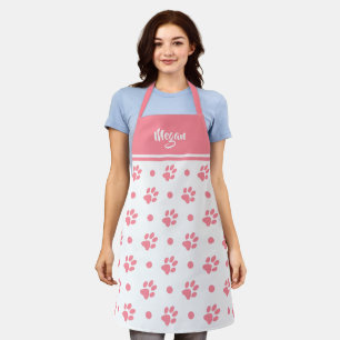 Delantal Monograma de huellas de patas y lunares rosados y 
