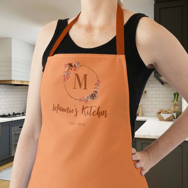 Delantal Monograma de la cosecha de Acción de Gracias de re (thanksgiving hostess gift personalized apron monogram orange pumpkin terracotta mums elegant pretty )