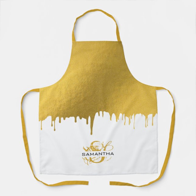 Delantal Monograma de las gotas metálicas de oro de moda (Anverso)