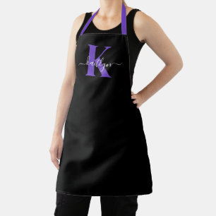 Delantal Monograma de letra script morado negro moderno