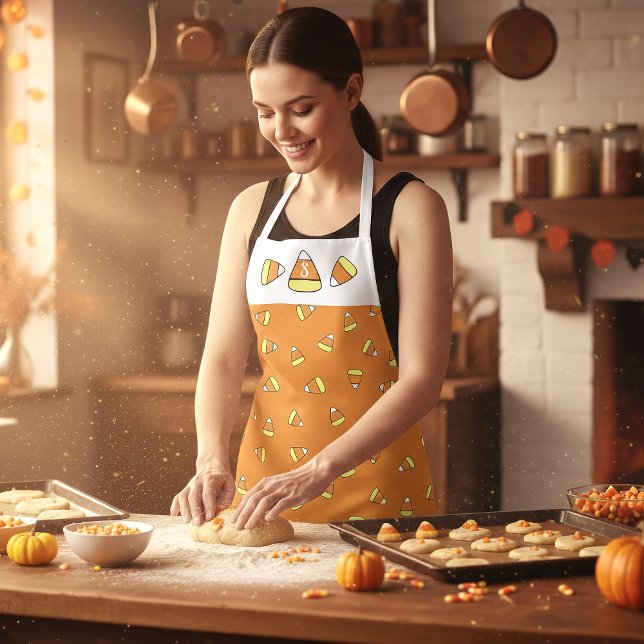 Delantal Monograma de maíz dulce Naranja Apron Halloween (Imagine this to be you baking candy corn treats in your cozy kitchen)