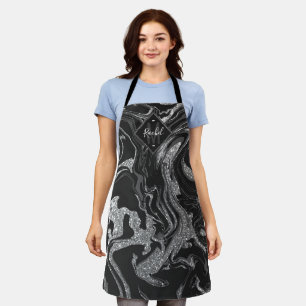 Delantal Monograma de mármol de Purpurina gris negro modern