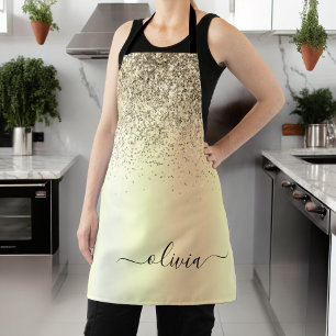 Delantal Monograma de metal con brillo dorado y nombre glam