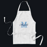 Delantal Monograma de nombre azul personalizado para mujere<br><div class="desc">Monograma de nombre personalizado | Azul y blanco. Elegante delantal monogramado de barbacoa / plataforma de cocina para hombres, mujeres y niños. Letra inicial de la tipografía de guión de moda elegante. Parrillada inicial / parrilladas de hornear en beige caqui / estándar blanco y amarillo. Versión larga y corta. Haz...</div>