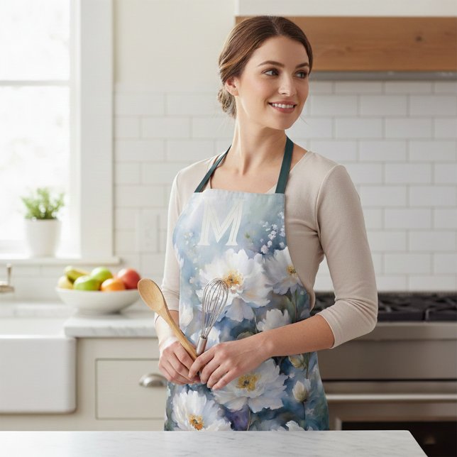 Delantal Monograma de nombre de peonías blancas en acuarela (Subido por el creador)