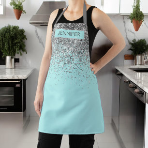 Delantal Monograma de nombre femenino con brillo azul acuát