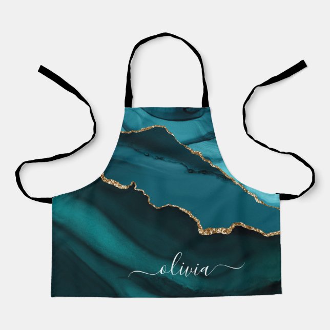 Delantal Monograma de oro Aqua Blue Green Geode (Anverso)